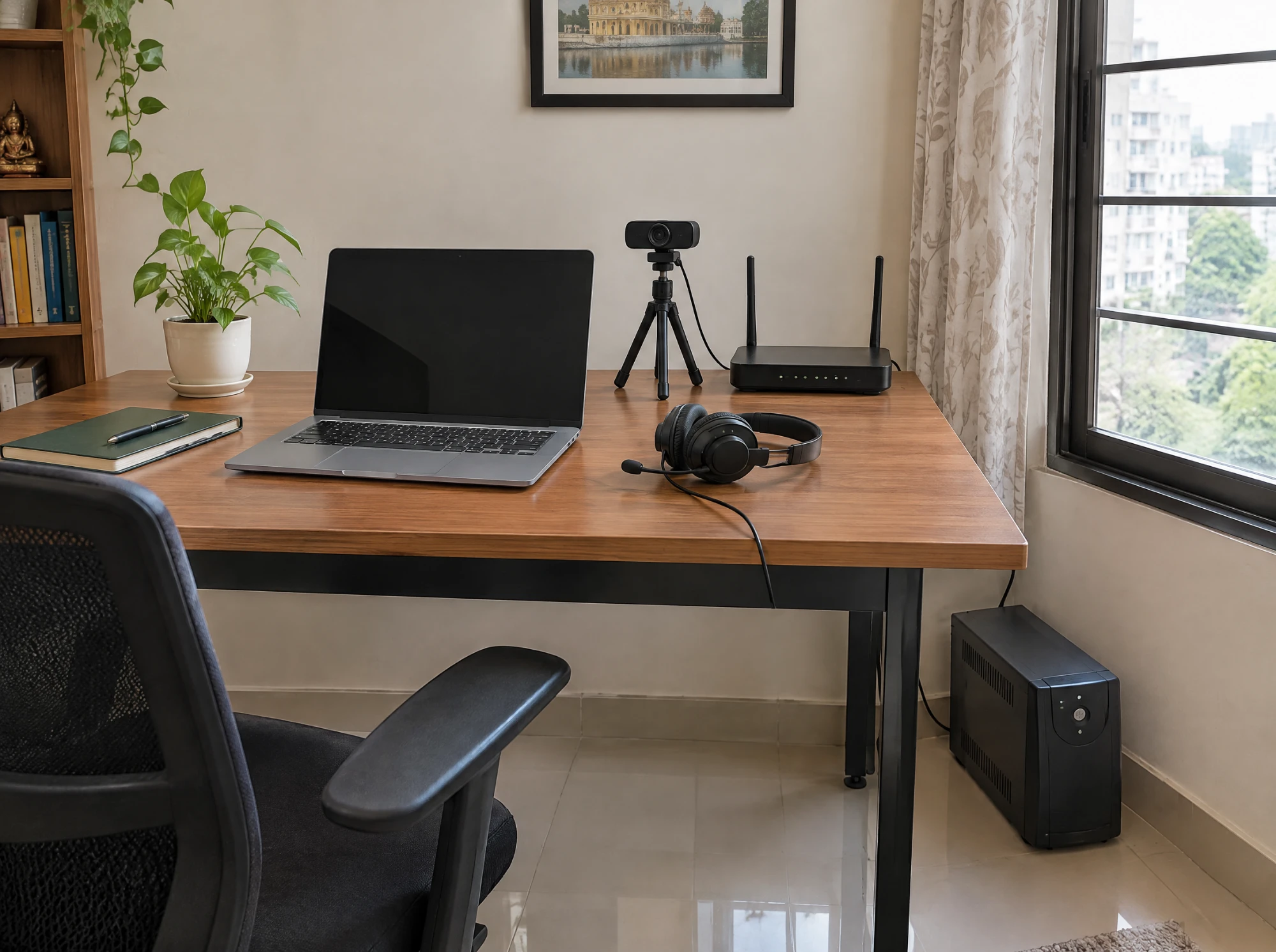 Home office desk with a laptop, webcam, headset, Wi-Fi router and a UPS power backup unit