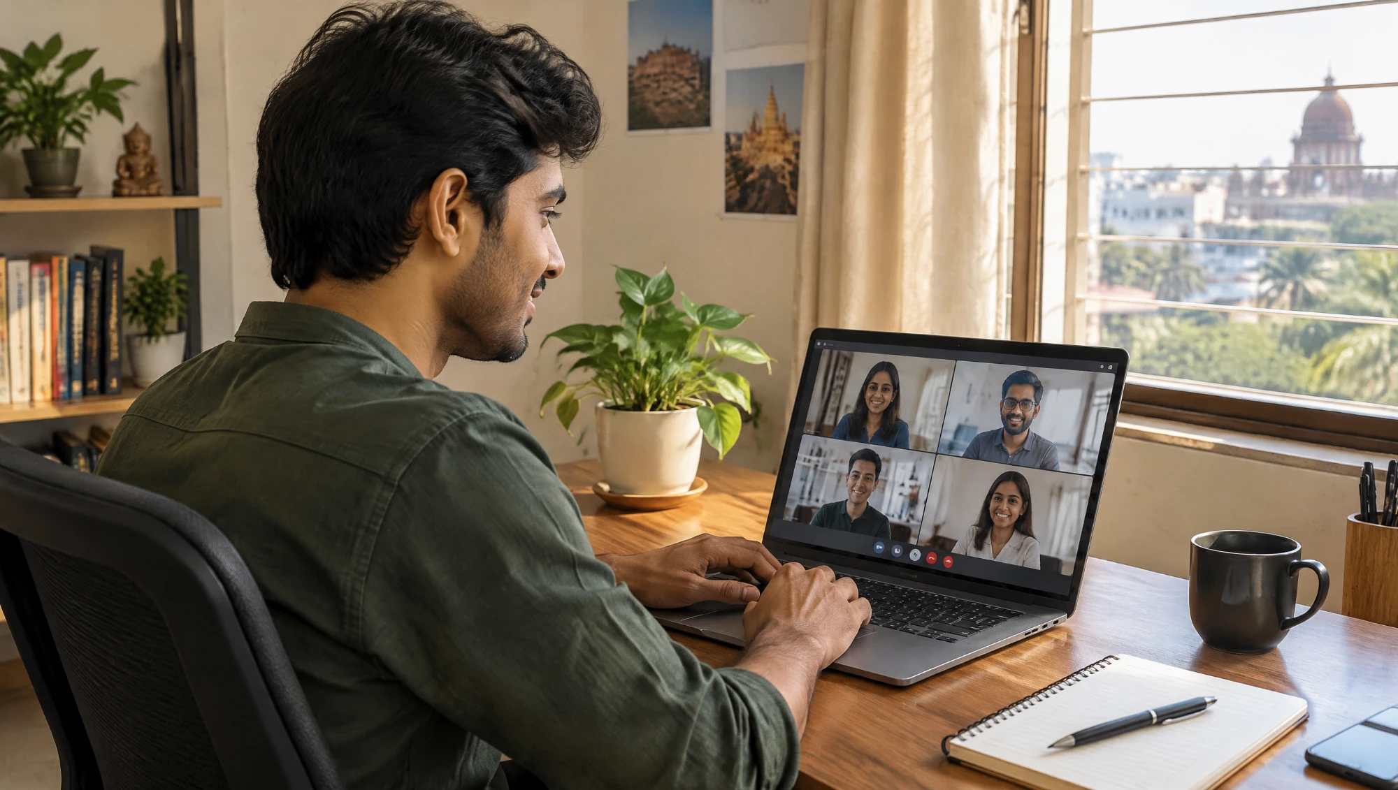 A developer works on a laptop at a home desk in Nagpur while a video call with four colleagues runs on screen