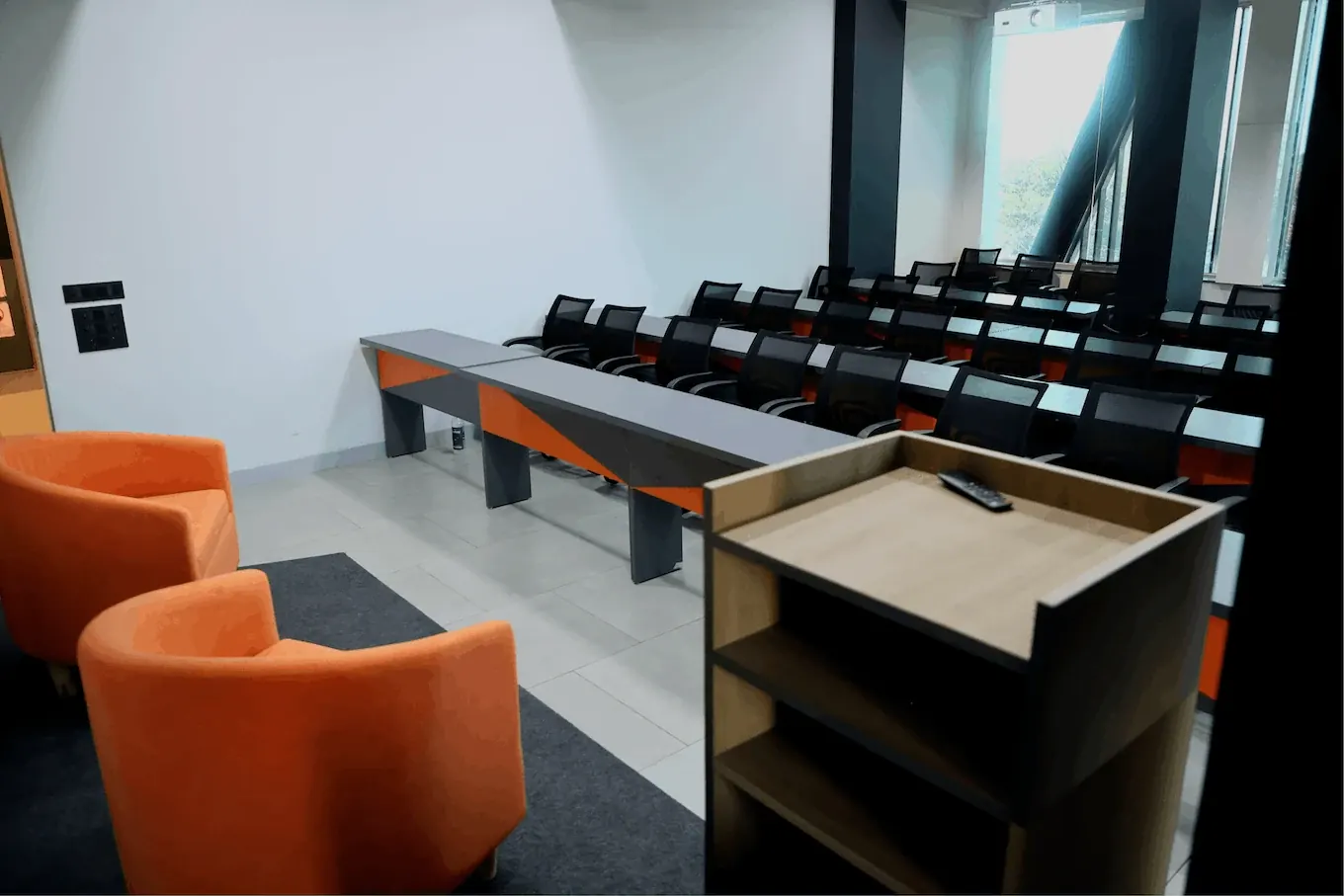 Classroom seen from the instructor's podium at Fireblaze AI School's Mate Square center