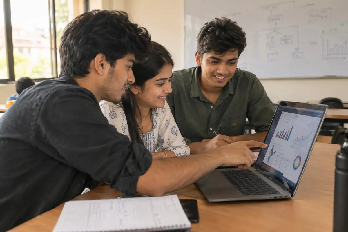 Students working through a data analytics dashboard together at a Fireblaze AI School class in Nagpur