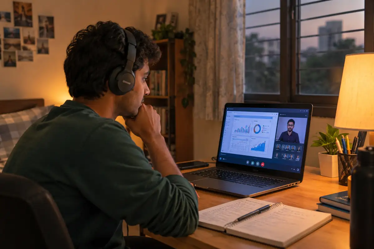 A learner attending a live online data analytics class from home on a laptop