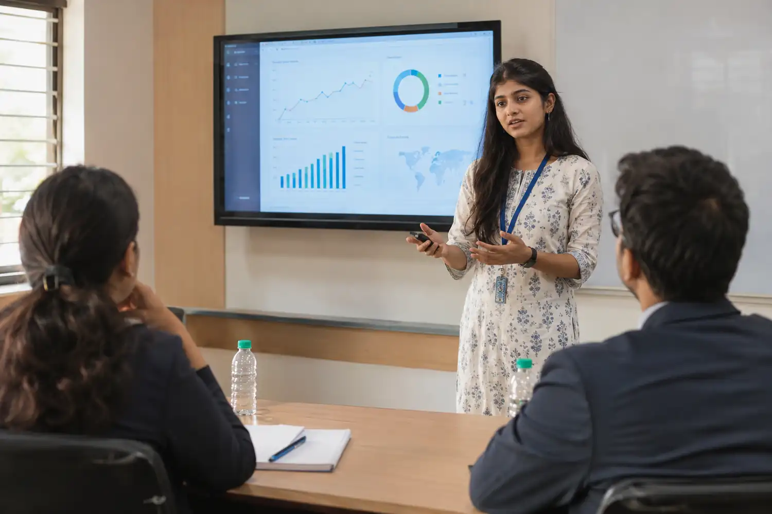 A student presenting a dashboard to an interview panel in a mock interview