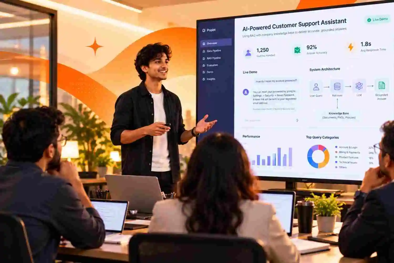 Illustration of a candidate presenting a capstone project to a panel