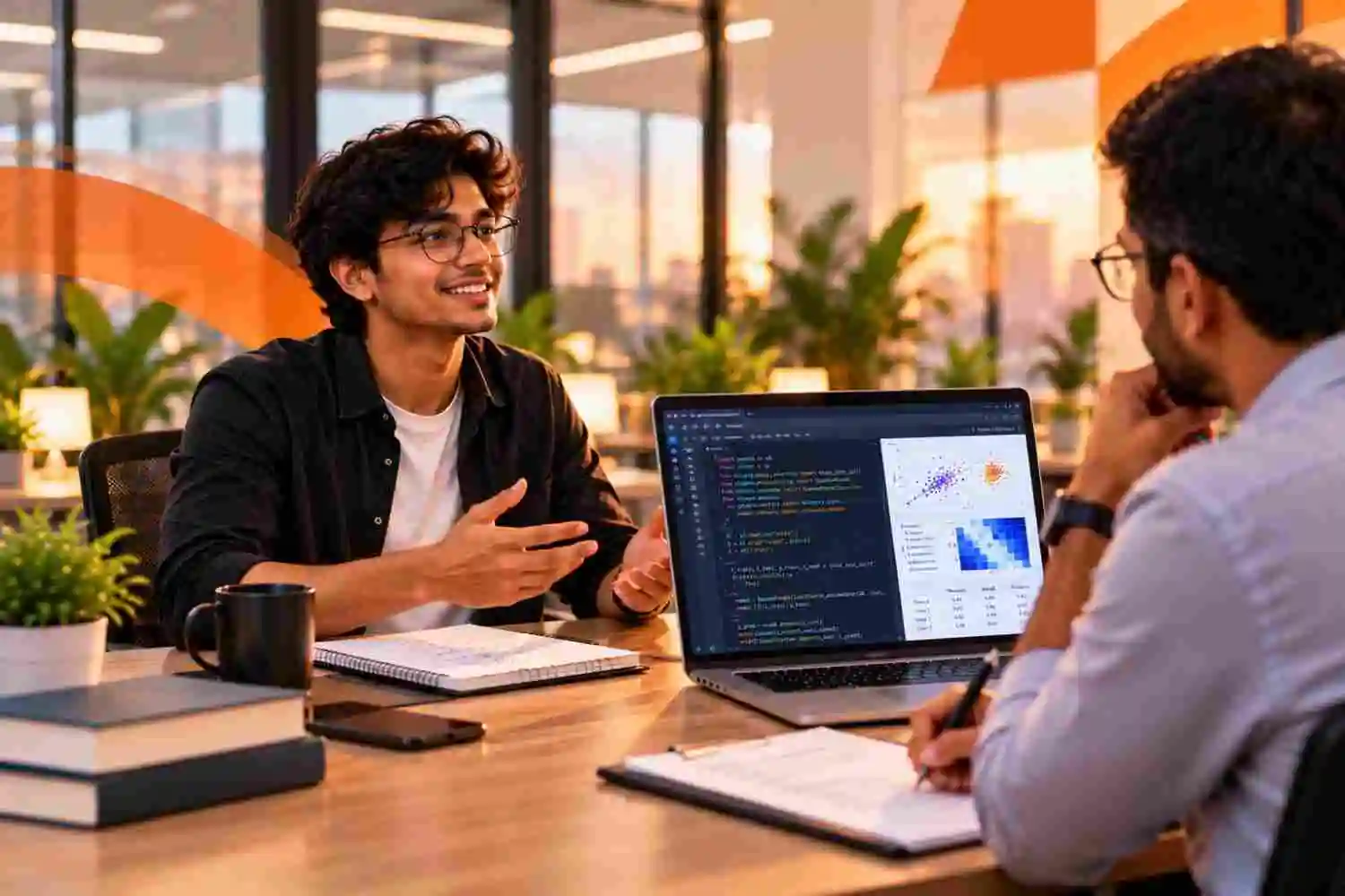 Illustration of a mock interview in progress across a table