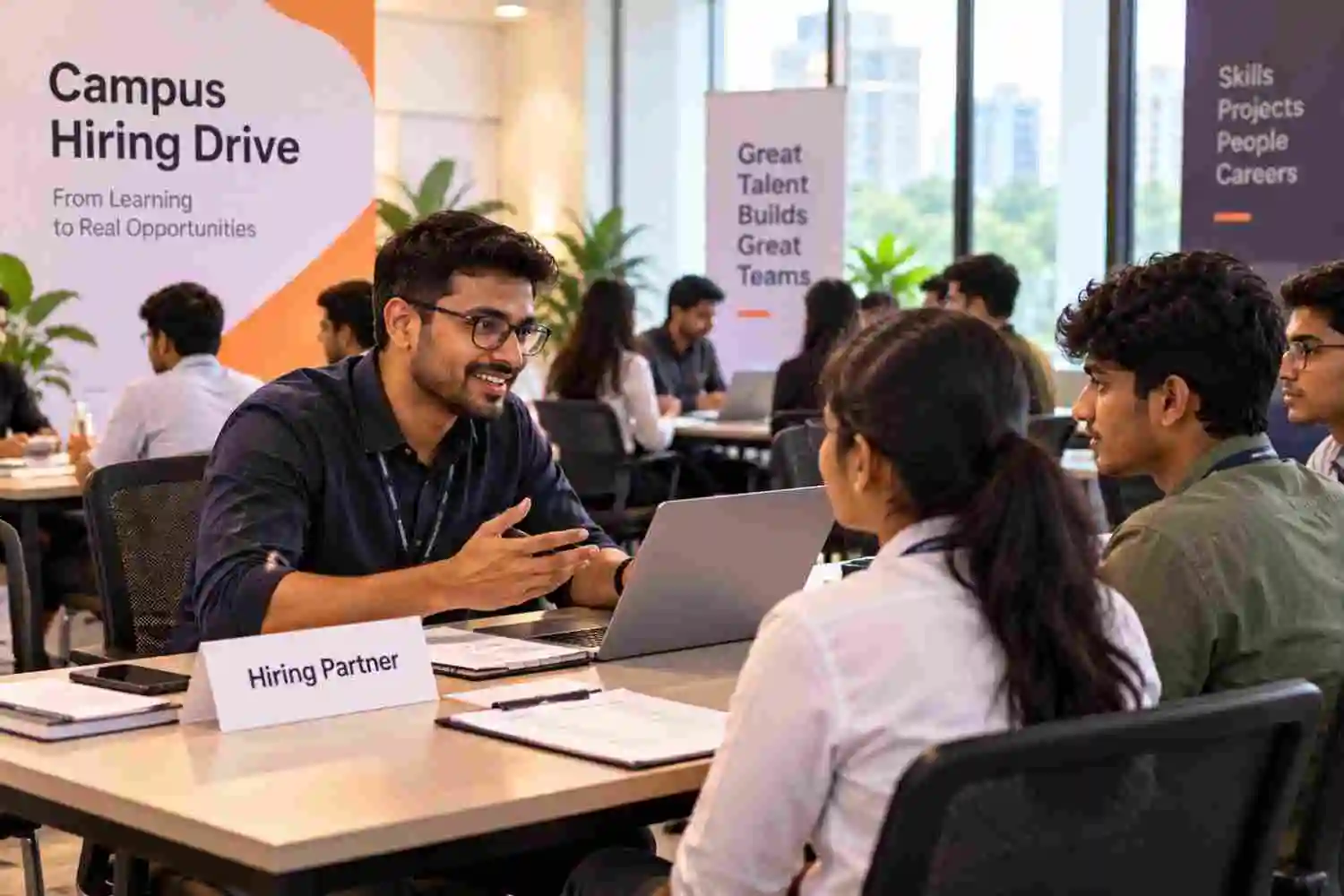 Illustration of a recruiter meeting candidates at a campus hiring drive